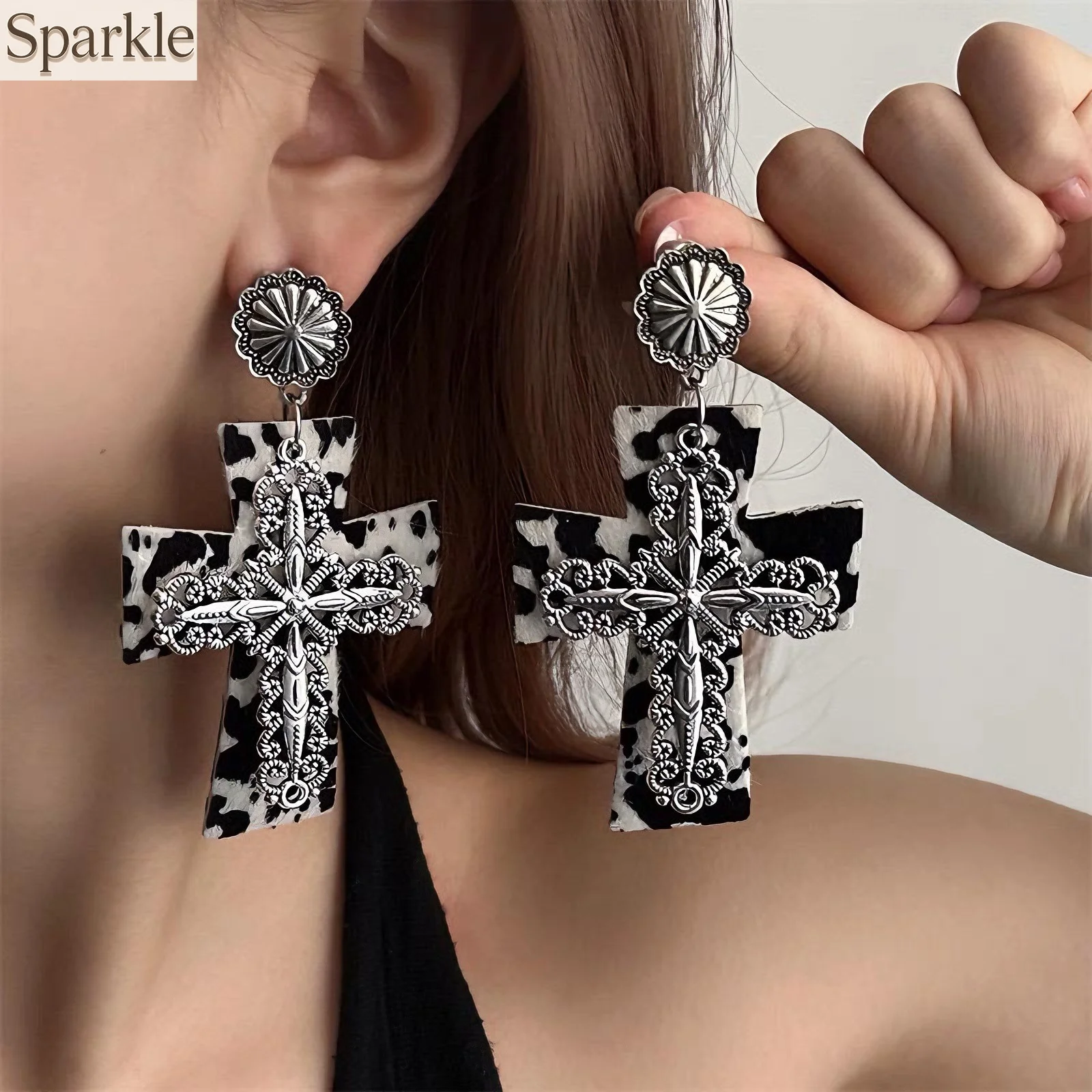 

Unique Exaggerated Black-White Leopard Print Star cross Earrings for Women Girls New Fashion Pendant Jewelry Gifts Charm Earring