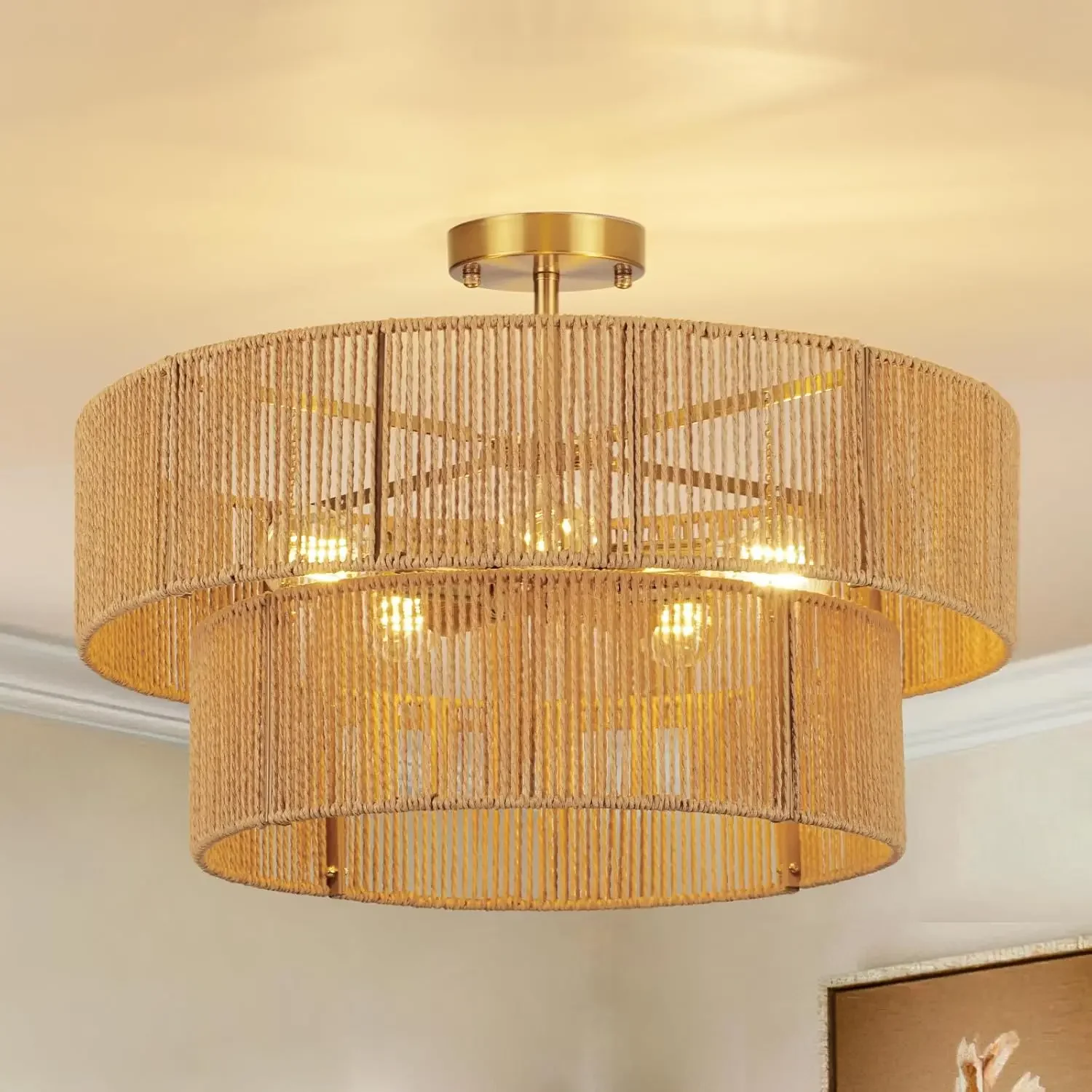 

22” Boho 2-Tier Rattan Ceiling Light Fixture, 5-Light Flush Mount Woven Chandelier for Bedroom, Dining Room, Kitchen, Entryway,