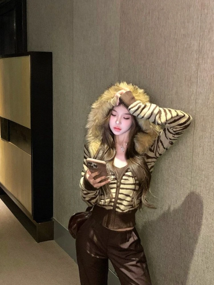 อเมริกันRetroลายขนสัตว์ผู้หญิงHoodedแขนยาวถักHoodedเสื้อกันหนาวฤดูใบไม้ร่วง/ฤดูหนาวY2K Slimซิปผู้หญิงtop