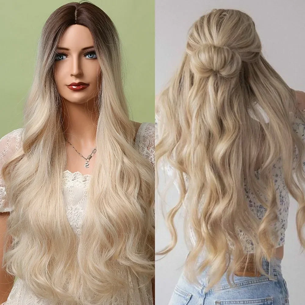 Wig sintetis berombak pirang campuran Ombre panjang rambut Cosplay pesta wanita tahan panas