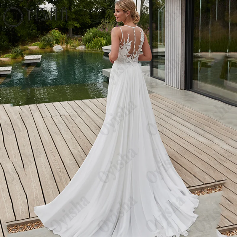 OYISHA High Split Sleeveless Wedding Dresses O-Neck Fairy Appliques Vestidos De Noiva Illusion Back Buttons Chiffon Bridal Gowns