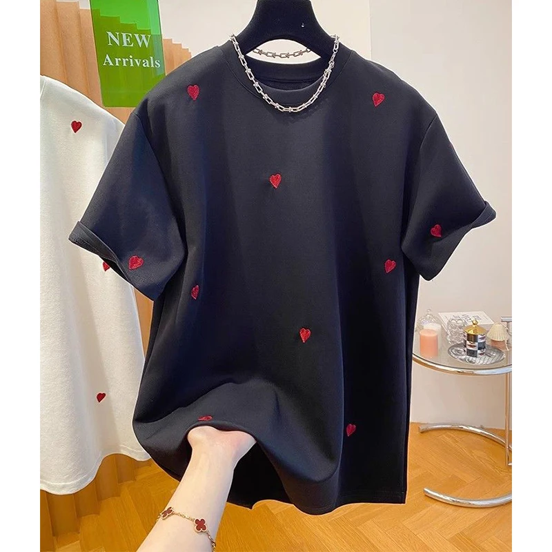 Verão amor bordado masculino o pescoço manga curta t camisa adolescente moda all-match 2xl roupas de casal de grandes dimensões preto branco cinza
