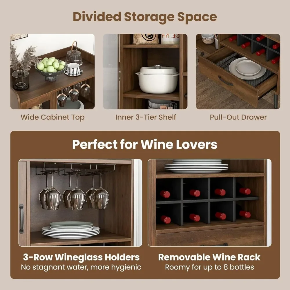 Wine Bar Cabinet, Farmhouse Coffee Bar Cabinet with Tempered Glass Door, 3-Row Glass Holder & 8-Grid Wine Rack, Buffet Sideboard