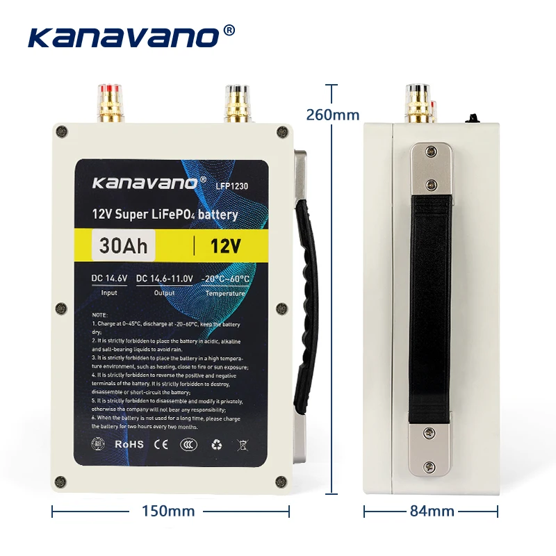 Kanavano 12V Deep Cycle 12.8V 30Ah LiFePO4 Rechargeable Battery Pack With Built-in BMS Protection With 6A EU/US Charger