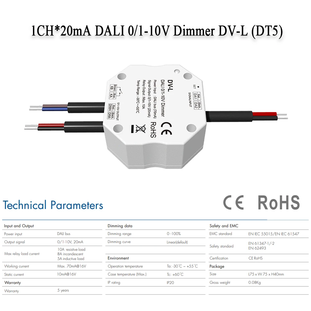 DALI 0/1-10V Dimmer 1CH * 20mA, DV-L DT5, 1 DALI Address, 1 Channel, Output Compliance with DALI Products via DALI Bus