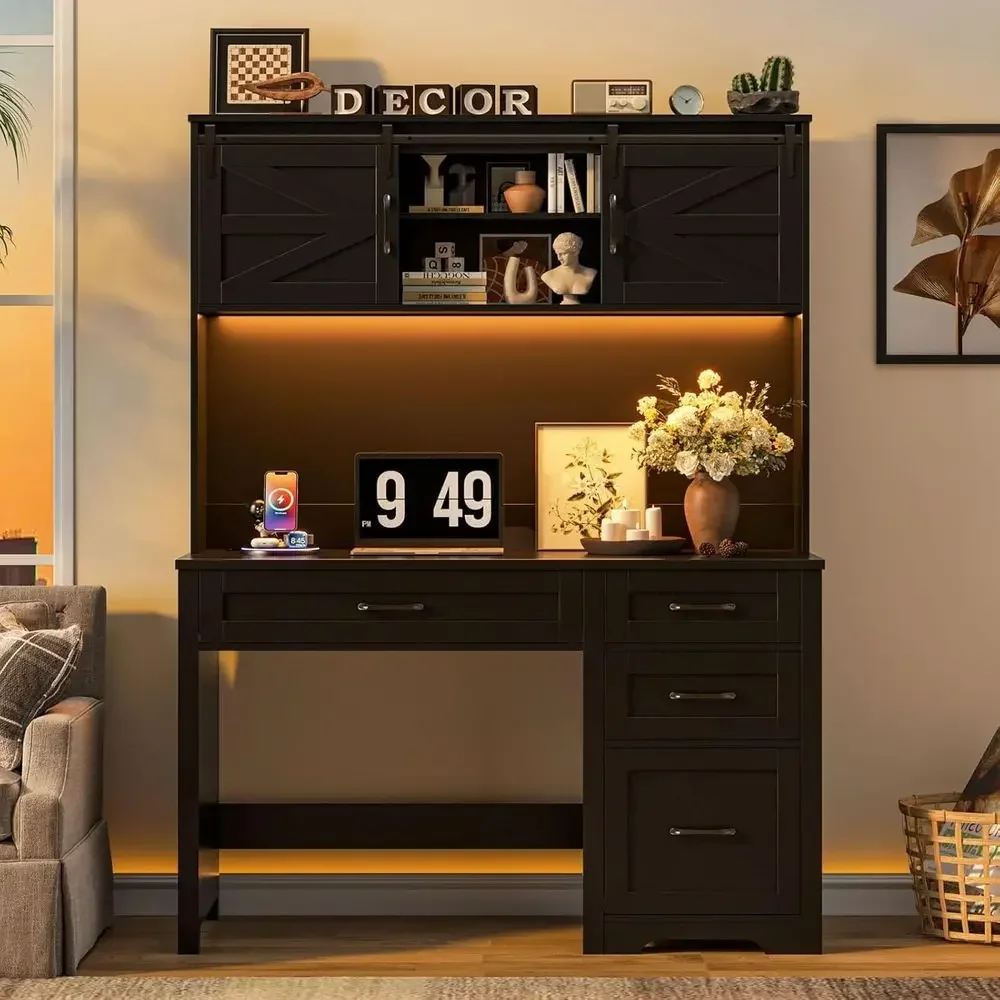 Executive Desk with LED Light, Charging Station, Drawers, and Storage Cabinet - Sleek Black for Work or Home Office