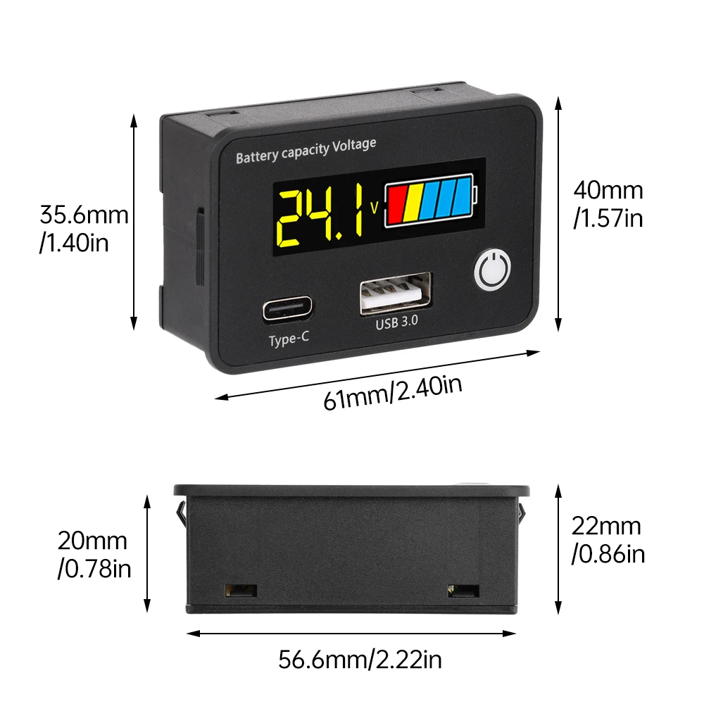 DC8-30V USB 3.0+Tpye-C 6140 Li-ion Battery Capacity Indicator Automotive Motorcycle LCD Green Display Battery Level Tester