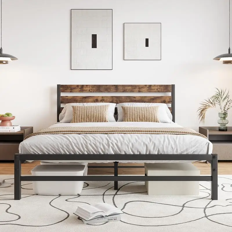 Rustic Brown Queen Size Platform Bed Frame with Vintage Wood Headboard and Strong Metal Slats, No Box Spring Required, Mattress