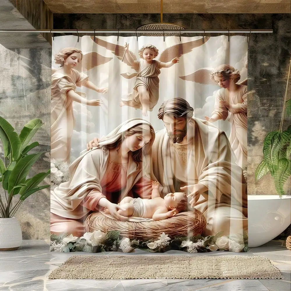 

Занавеска для душа «Сакральный Рождество»: обновите вневременный дизайн, мягкая ткань и духовная атмосфера для вашей ванной комнаты