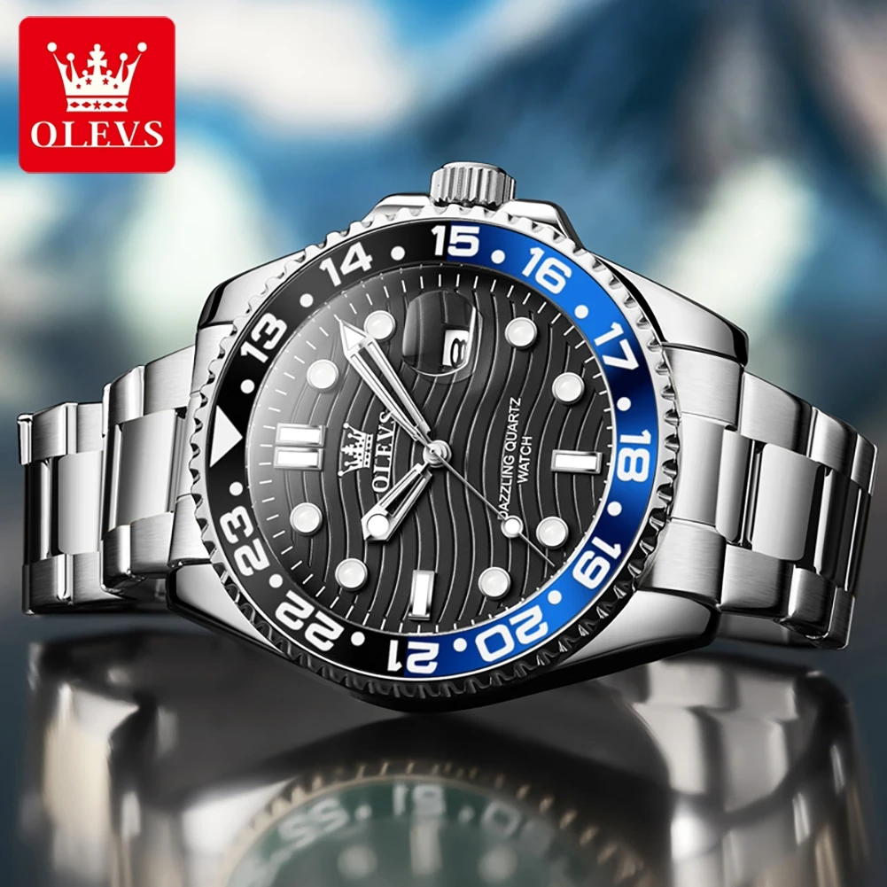 OLEVS 3610 Men Watch Fashion Original Diving Series Waterproof Date Rotating Dial Stainless Steel Luxury Brand Men Quartz Watch