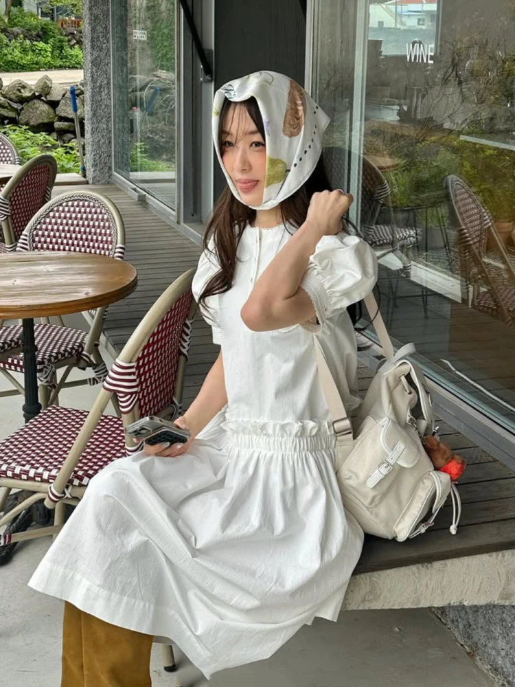 

Princess Style Frock Cotton Blend High Waist Puffy Sleeve round Neck Bubble Hem Women's Dress Korean Summer Casual Dress