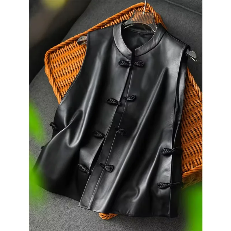

Women Chinese Knot Buckle PU Leather Waistcoat 2025 Spring Autumn Female Vintage Black Sleeveless Vest Fashion Outerwear Vest