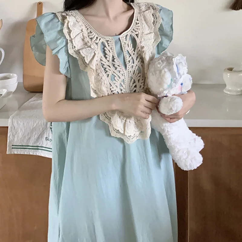 Korean Japan Cotton Sleepwear for Women Sweet Lace Ladies Ruffle Edge Flying Sleeves Home Clothes Pajamas Long Skirts 2