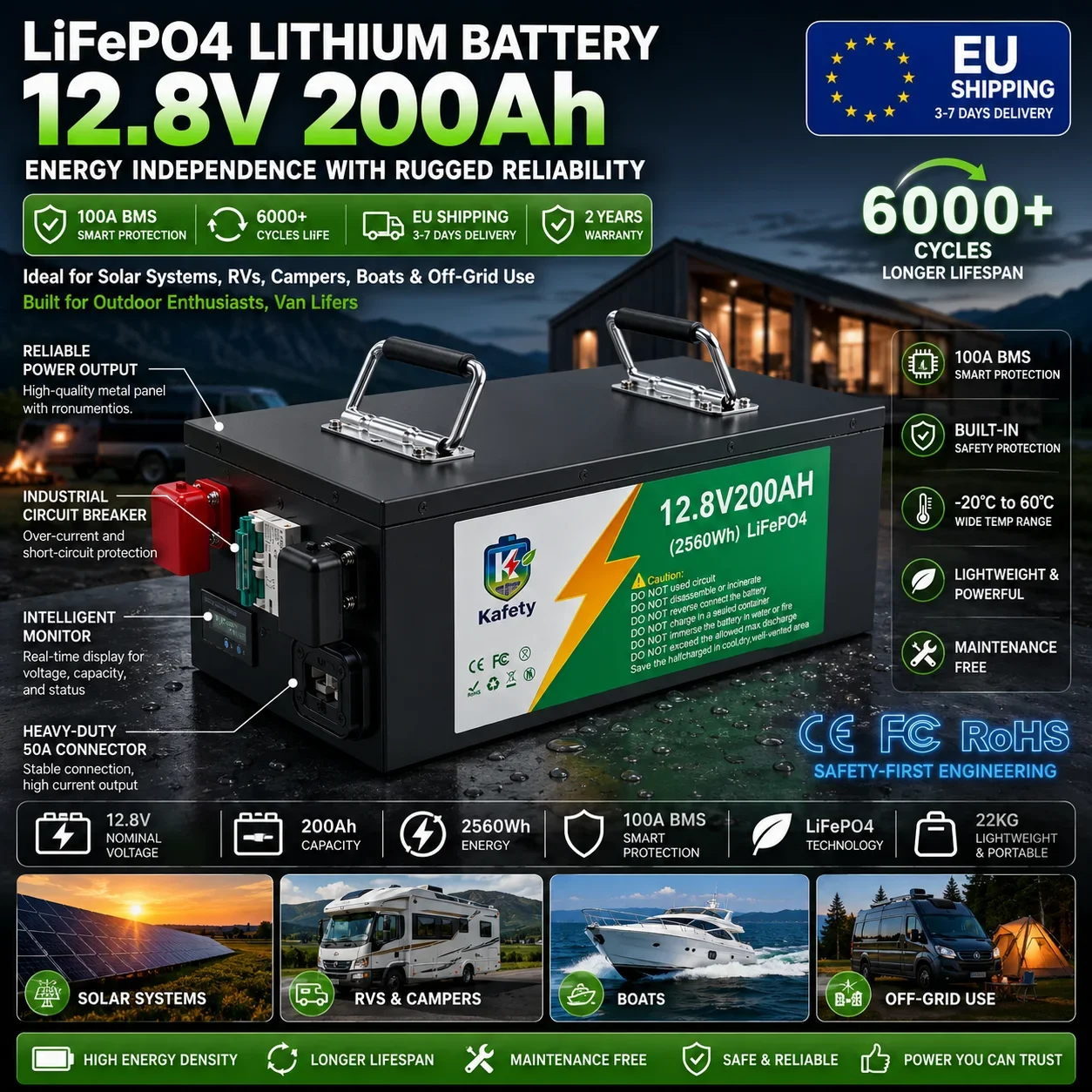 Easun 12V 200Ah LiFePO4 Batterie 2560Wh, Grade-A-Zellen, BMS-Schutz, 6000+ Zyklen, parallel anpassbare Batterie für Solar, Wohnmobile, Marine, Polen Lagerbestand
