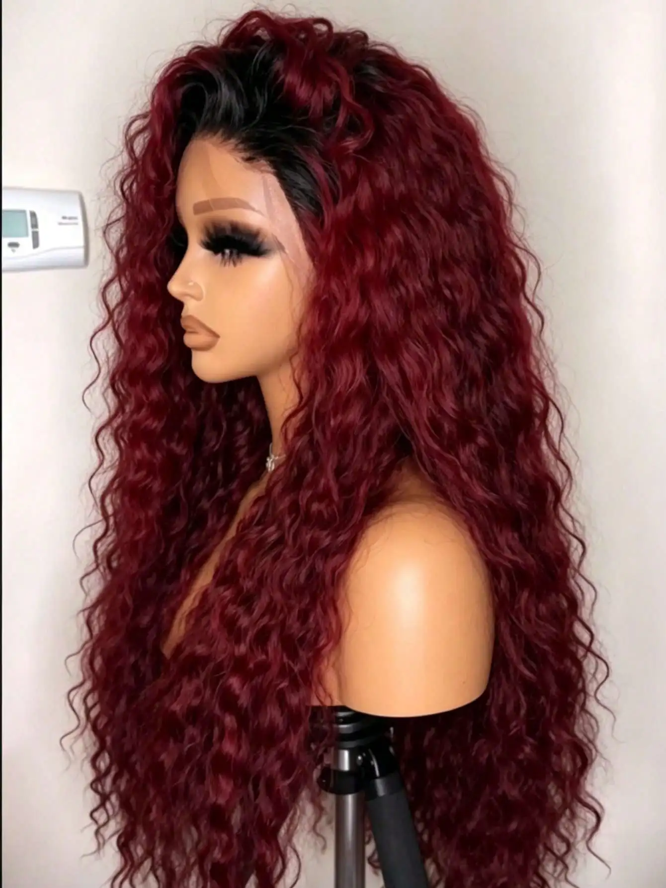 Ombre Burgundy With Dark Roots Deep Wave Lace Frontal Wigs For Women 200 Density 13x4 HD Transparent Ombre 1B/99J Colored Kinky Curly Lace Front Wigs Human Hair Pre Plucked With Baby Hair For Daily Wear Beginner Friendly