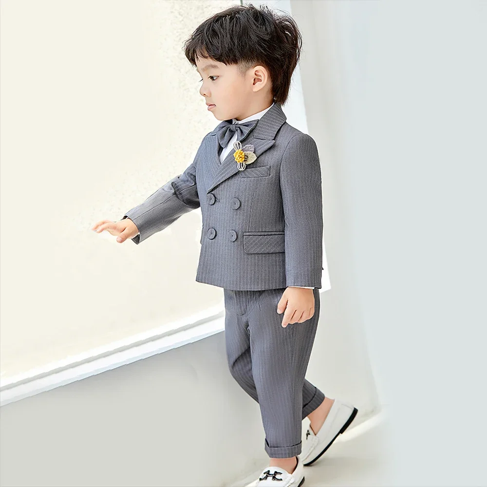 Pinstripe Suit for Boy Kids Fashion Peak Lapel Double Breasted Suit Casual Party Wedding Tuxedo 2 Piece Blazer with Pants