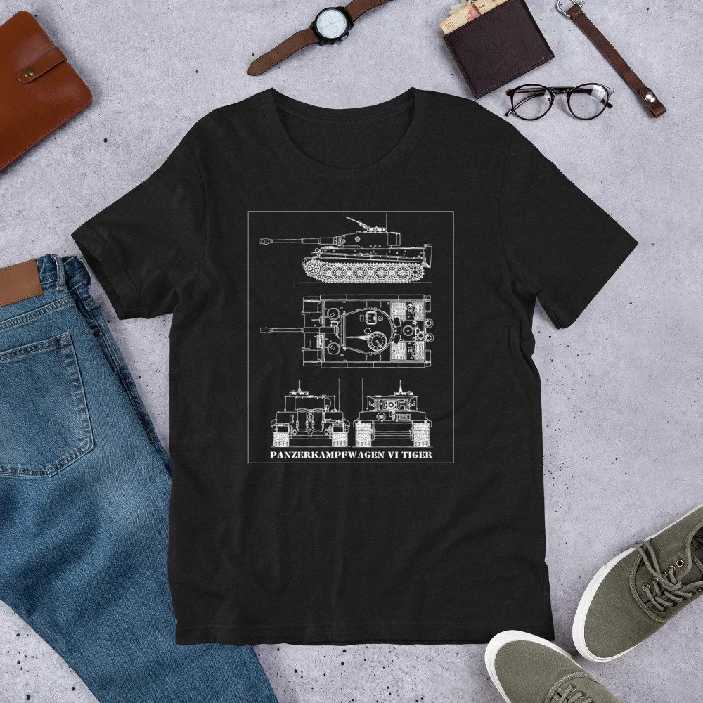 Panzerkampfwagen VI Tiger WW2 German Panzer Tank Blueprint Unisex T-shirt Graphic T Shirts Retro Streetwear High-quality Men Tee - Image 2