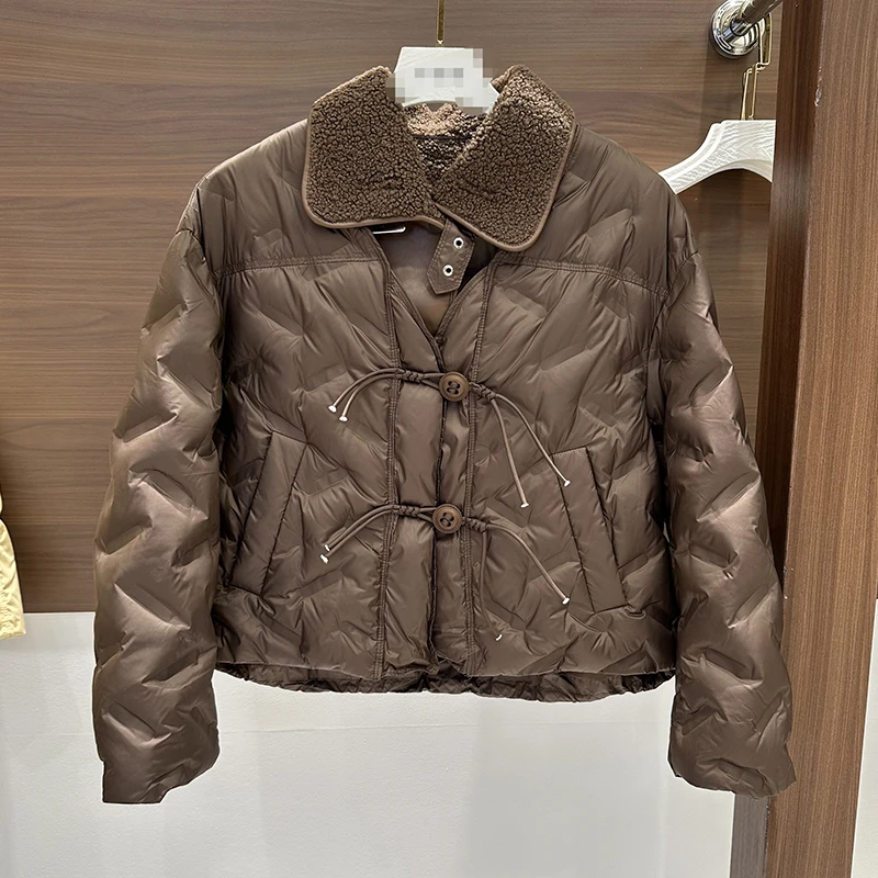 Winter Lamb Wool Lapel Short Down Jacket Female Thicken Warm Loose Jackets Women White Duck Down Single Breasted Parker Outwears
