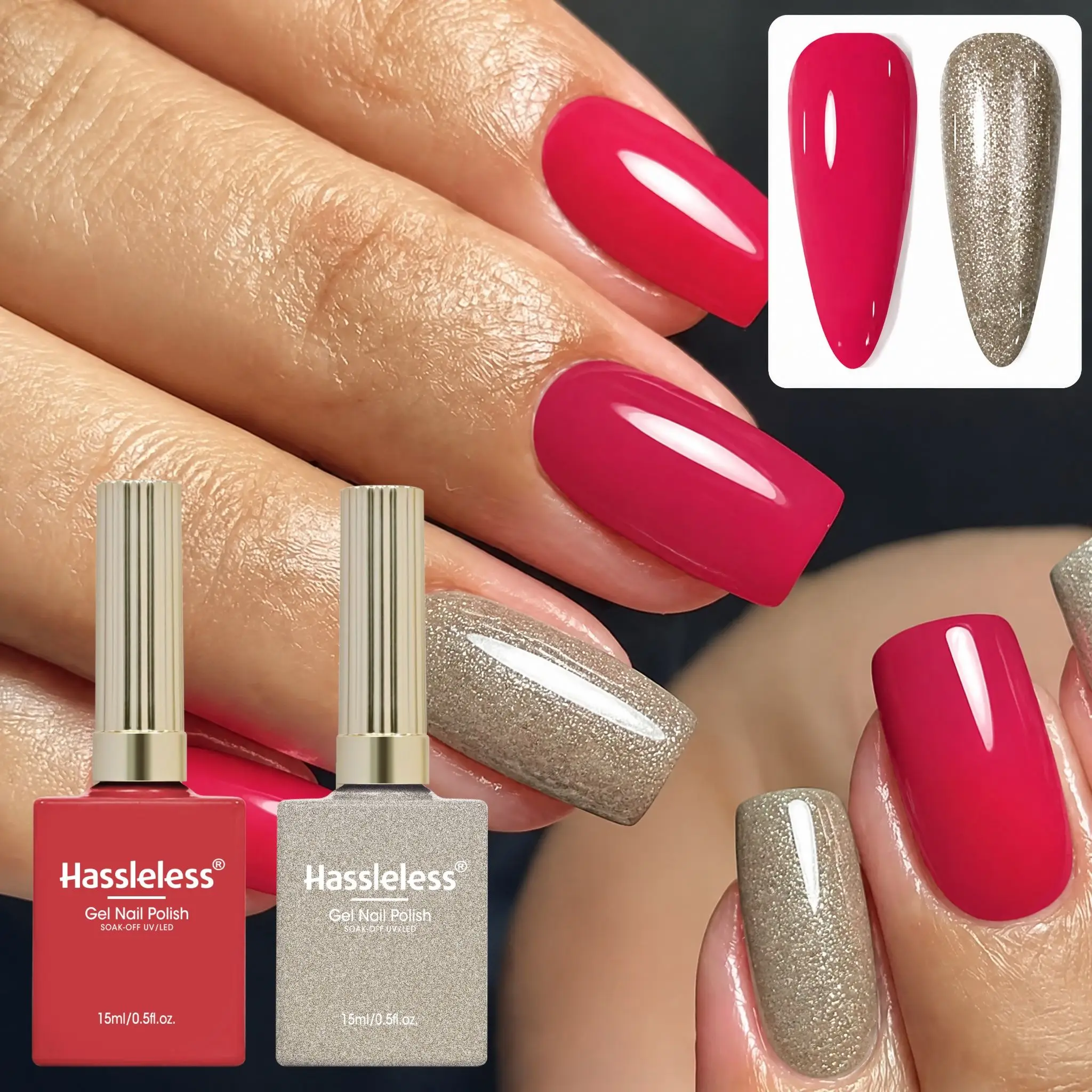 Hassleless 2Pcs Solid Color+Glitter Gel Nail Polish Set, 0.5 oz Each Bottle, for Daily Home Use, Dust-Proof Design, Helps You Stand Out