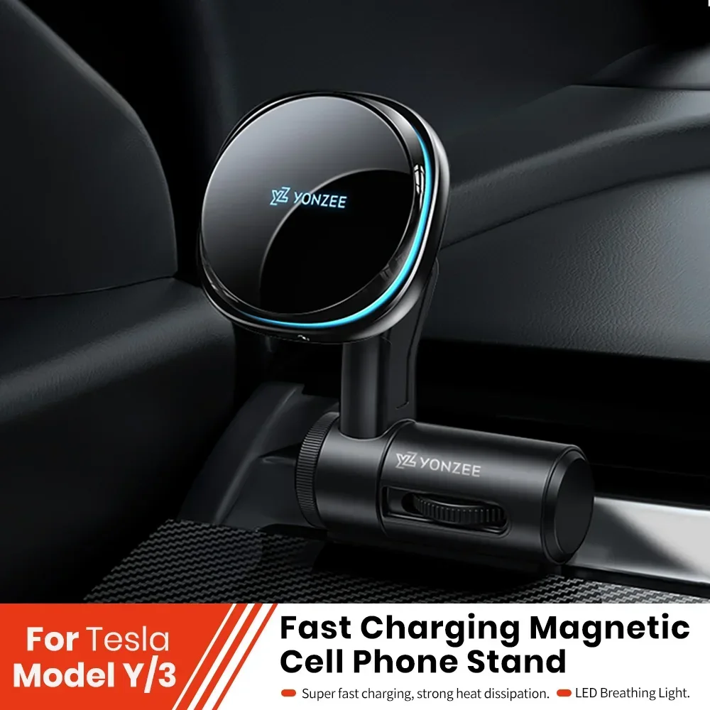 For Tesla Model Y/3  Magnetic Phone Holder Wireless charging with Unique Design Air Outlet BaseAmbient Breathing Light