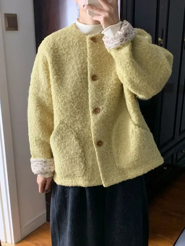 

Women Sweet Faux Lamb Coat Cute Long Sleeve O Neck Vintage Jacket Korean Casual Fall Winter Retro Pockets All Match Solid Tops