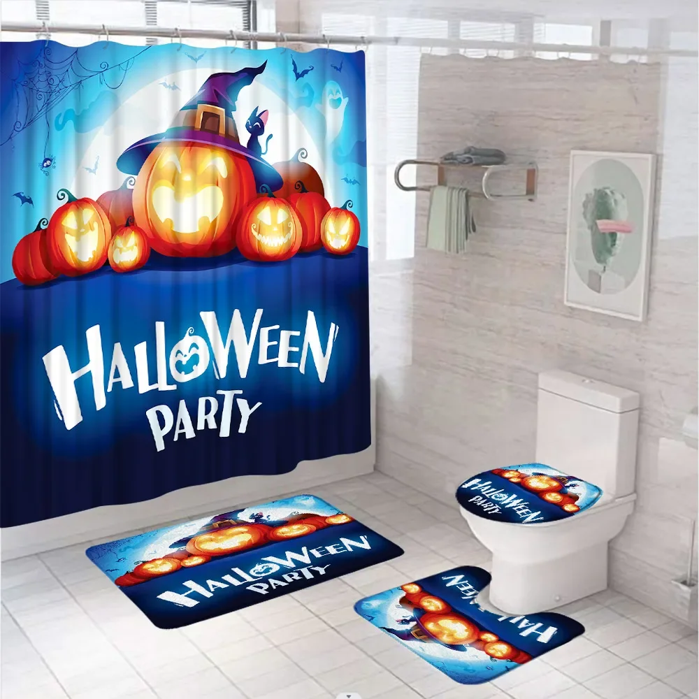 4Pcs Halloween Alchemy Shower Curtain Set Non-Slip Rug Toilet Lid Cover Bath Mat Pumpkin Spooky Ghosts Castle Bat Bathroom Decor