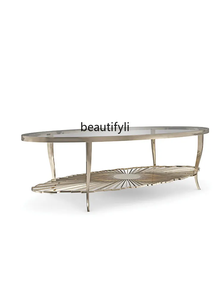 

American Style GlassCoffee Table Modern Simple Stainless Steel Large and Small Apartment Type Coffee Table French Entry Lux Oval