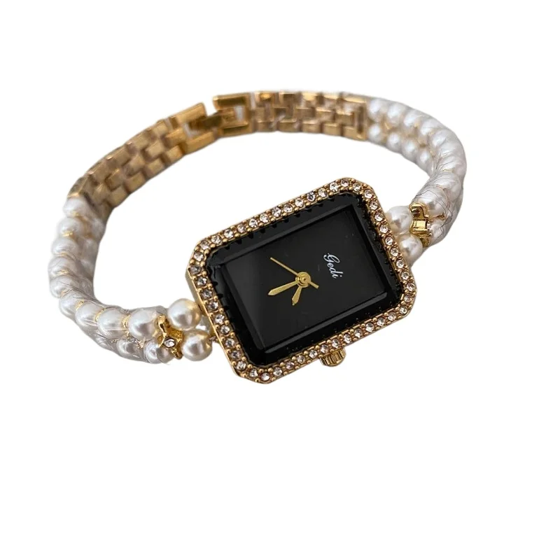 

Серебряный и черный квадратный жемчужный браслет, инкрустированный бриллиантами, легкие роскошные изысканные модные кварцевые часы