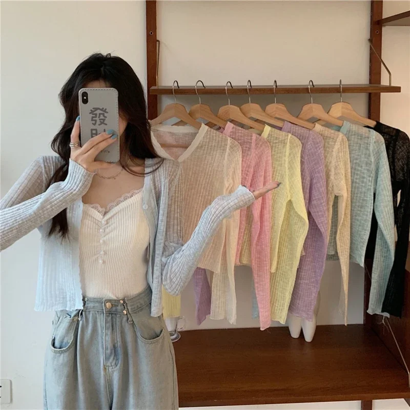 

Sunscreen Cardigan Thin Women Ice Silk Knitted Tees Perspective Long Sleeve Top Overlay Simple Casual Slim Fashion Vneck T-shirt