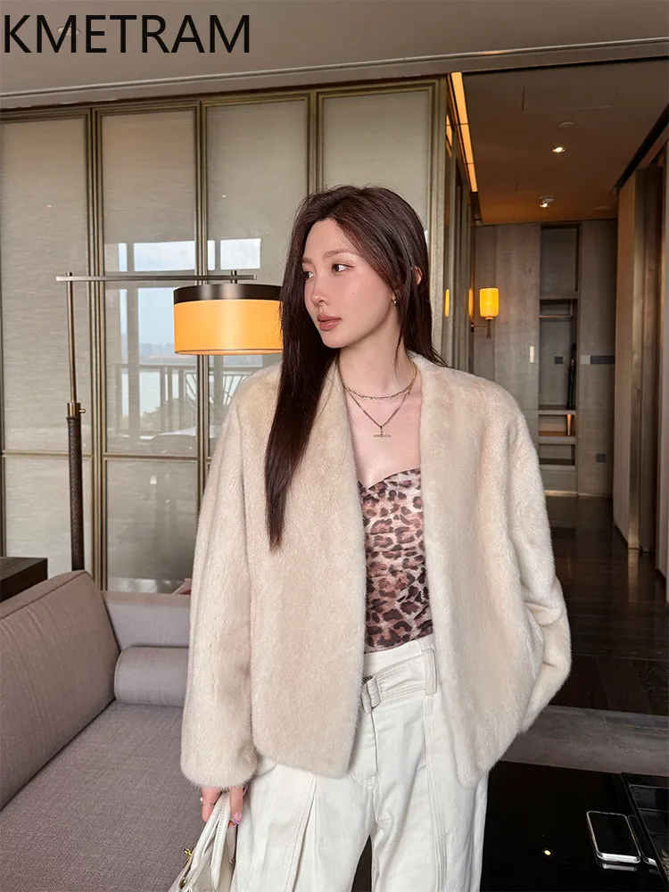 KMETRAM Real Purple Label Velvet Mink Fur Coat Woman Fashion Short Fur Jacket V-Neck Winter Warm Coats Women Clothing 60cm 2026