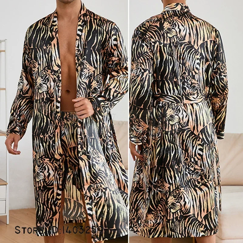 Men\'s Ice Silk Sleepwear Kimono Bathrobe Gown Long Robe Pajamas Two Piece Set Print Tiger Loose Casual Homewear Lounge Wear