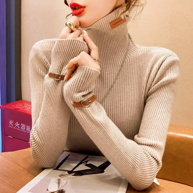 Solid Color Turtleneck Sweater Women's Autumn and Winter 2023 New Fashion Bright Line Decoration Long Sleeved Slim Pullover Tops