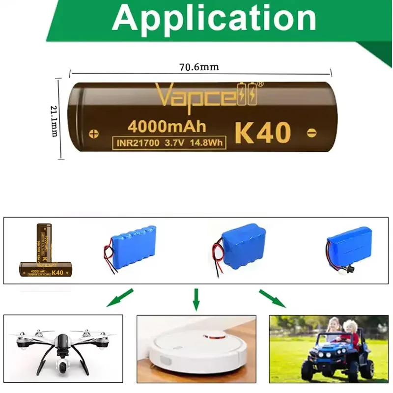 Vapcell-懐中電灯用の高出力リチウムイオン電池,k40 inr 21700,4000mah cdr 30a max 45a 3.7v,21700