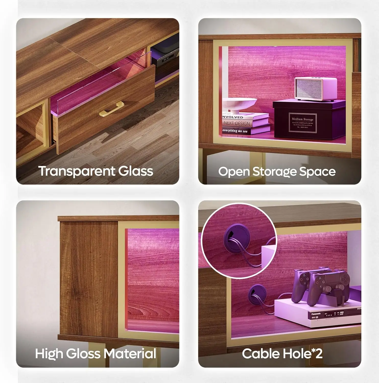 LED 조명이 있는 TV 스탠드, 80인치 TV 엔터테인먼트 센터, 개방형 수납 공간 및 유리 서랍, 모던 월넛 골드 미디어 콘솔