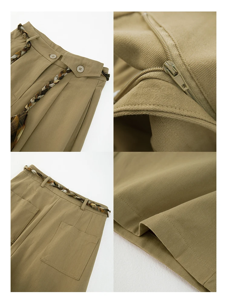 Pantaloni a gamba larga da donna con cintura in corda intrecciata retrò, pantaloni da lavoro sportivi in cotone lavato, adatti per l'autunno indossano pantaloni casual quotidiani.