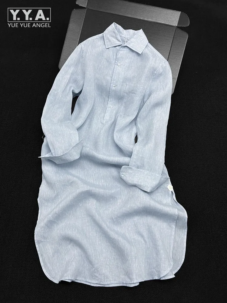 

Elegant Glacier Blue Long Sleeve Pullover Women Summer Dress Turndown Collar Single Button Straight-Leg Casual Mid-Calf Dresses