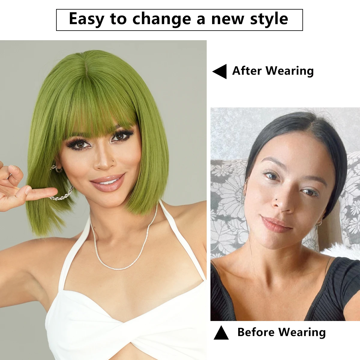 NAMM Green Wig with Bangs Wavy Wigs For Women Synthetic Wig Festival Party Cosplay Daily Use Female Fake Wigs Heat Resistant