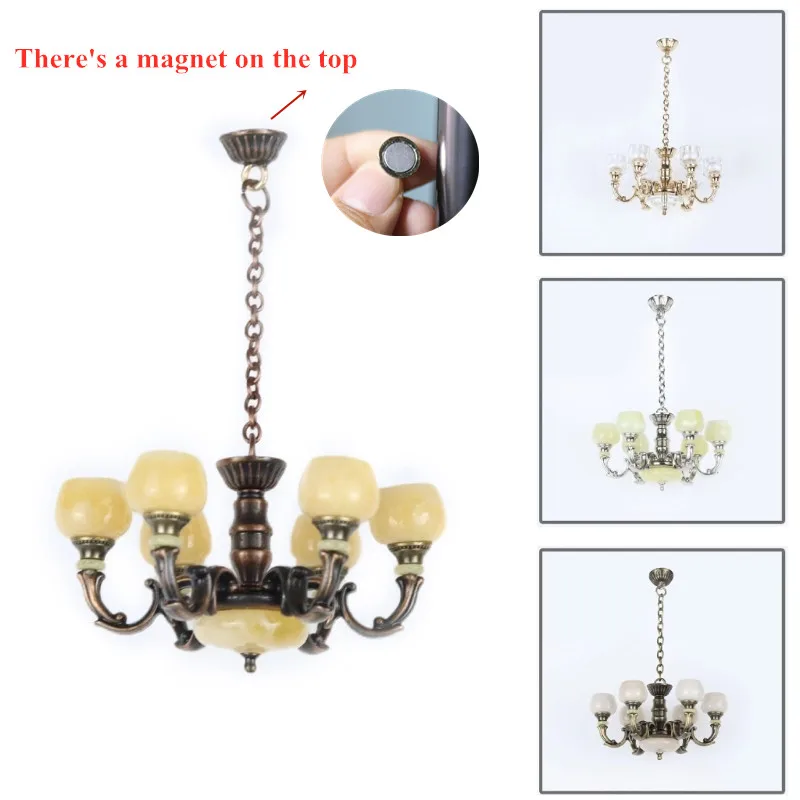 1/12 Dollhouse 6 Arm Chandelier Realistic Vintage Lighting Ornaments Simulation Furniture Toys Doll Figure Model Accessories