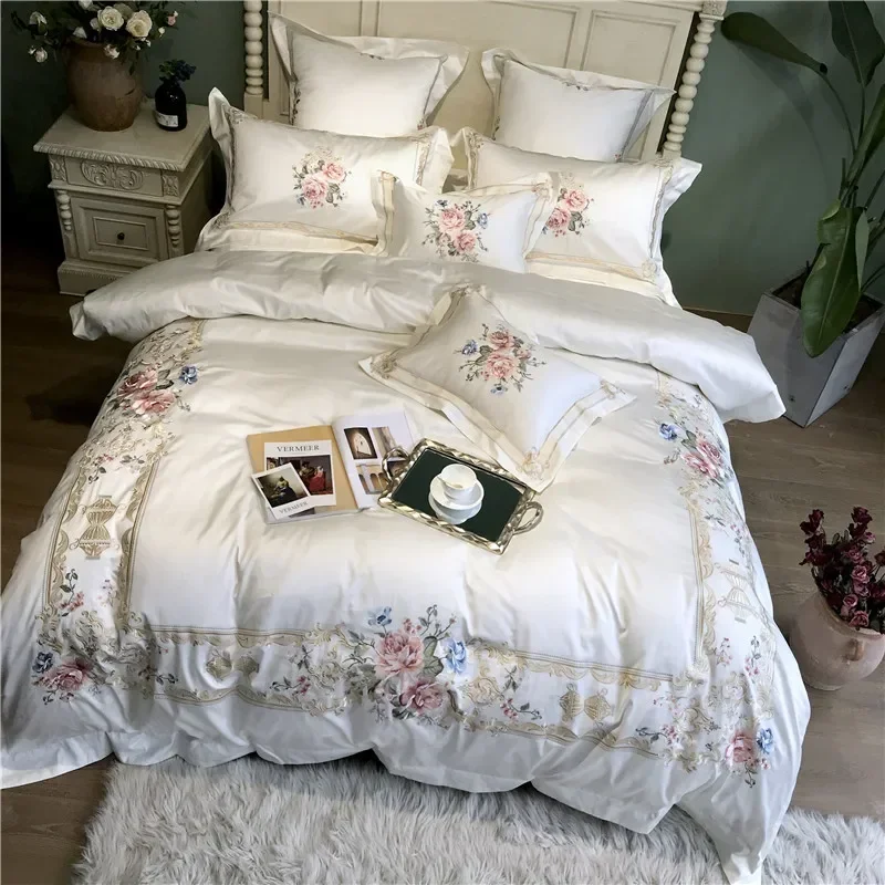 Egyptian Cotton Palace Bedding Set, Duvet Cover, Bed Sheet, Pillowcases, Luxury Flowers Embroidery, White, 100S, 4Pcs, 7Pcs