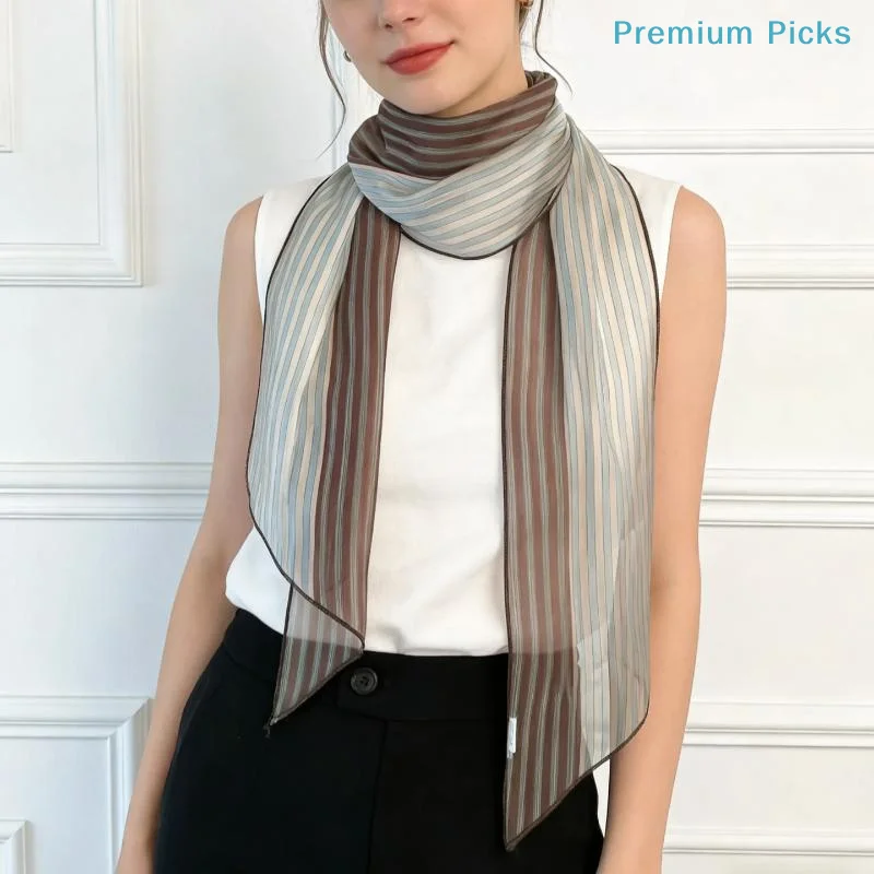 portableWomen Striped Silk Scarf Vintage Double Sided Print Elegant Neck Square for Formal Party Travel