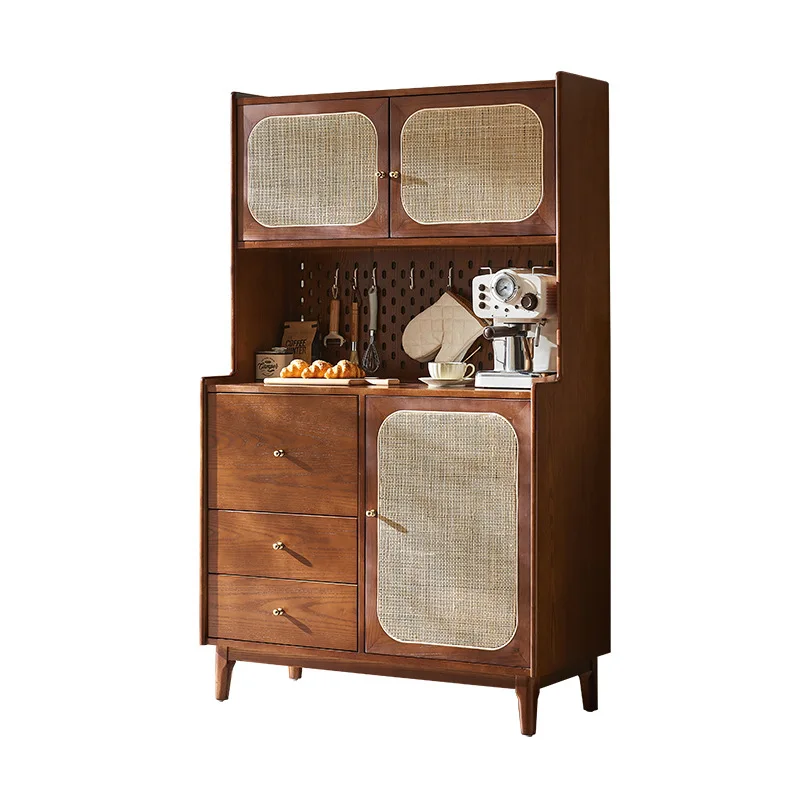 

Solid wood rattan dining side cabinet, double layer, with drawers, wabi-sabi, vintage locker