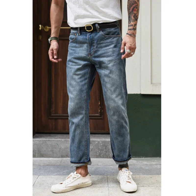 Sauce Zhan-Jeans Masculinos, Selvedge Denim, Jeans de Lavagem Afligido, Comprimento do Tornozelo, Slim Fit, 10 oz, Verão, JF09