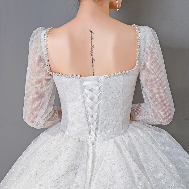 AnXin SH – robe de mariée princesse en dentelle blanche, vintage, tenue de bal avec perles, à manches longues