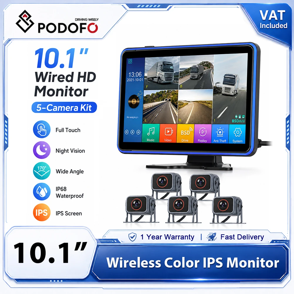 Podofo 10,1" 5-Kamera-Fahrzeug-DVR-Monitorsystem HD 1080P IPS Touchscreen Quad/Split-View Rückfahrkamera-Kit mit BSD Fußgängerverwarnung Schleifenaufzeichnung Parkmonitor für LKW, Bus, Wohnmobil,