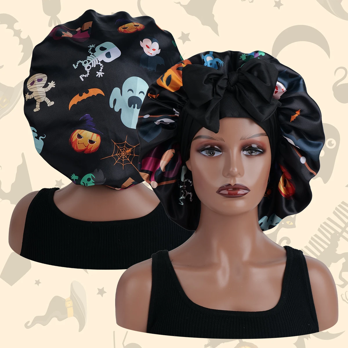 Spooky Midnight Black Satin Witch Hat Bonnet for Curly Hair Protection Stylish Sleep & Shower Accessory Perfect for Halloween