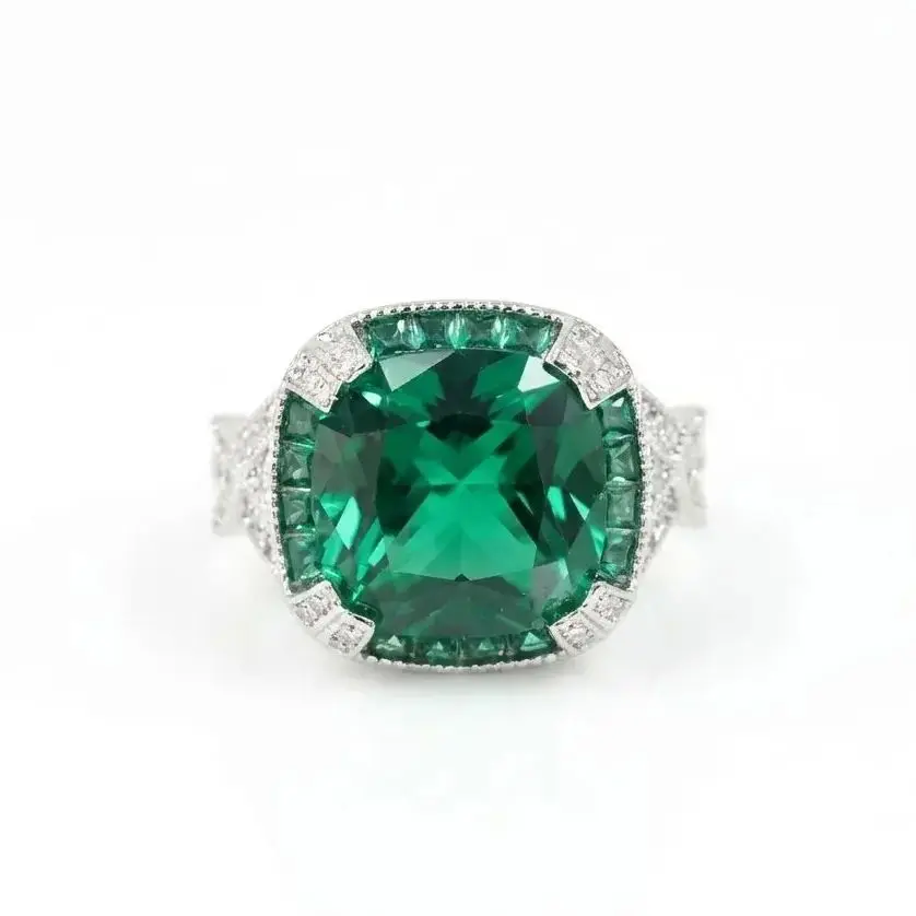 

Vintage Artificial Cushion Emerald Ring Art Deco 925 Sterling Silver Statement Fine Jewelry for Women's Engagement Cocktail Gift