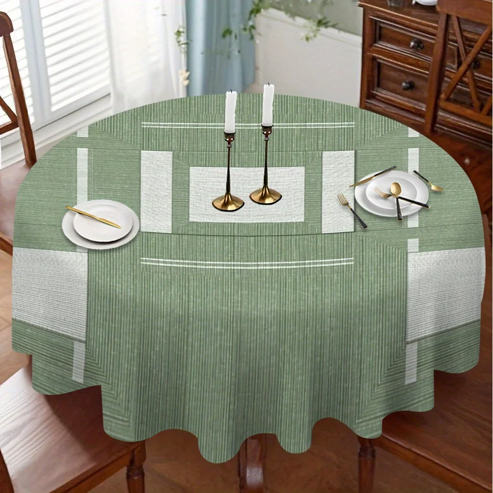 One green geometric grid round tablecloth - elegant polyester design, suitable for thoughtful dining times.