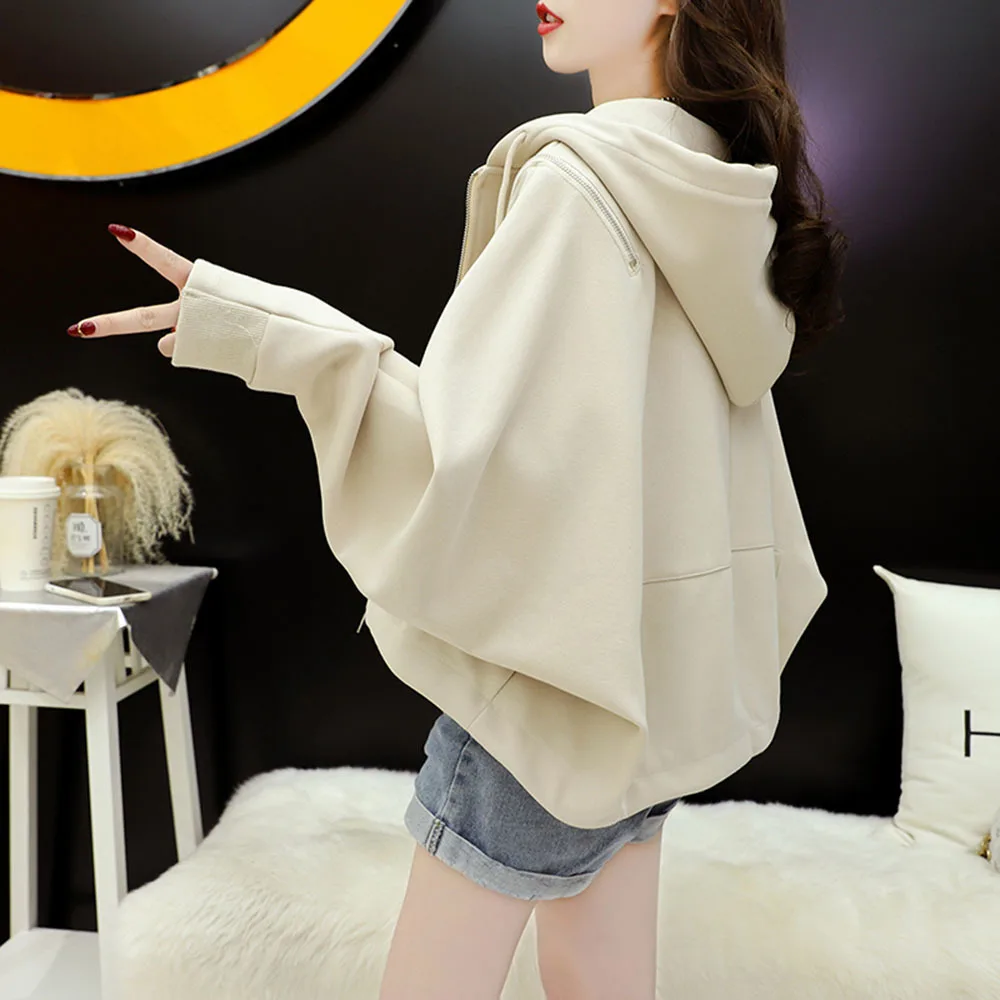 Korean Women Hoodie Coats Short Loose Zipper Sweatshirts Jacket Casual Female Tops Womens Autumn Hollow-out Off Shoulder Hoodeds