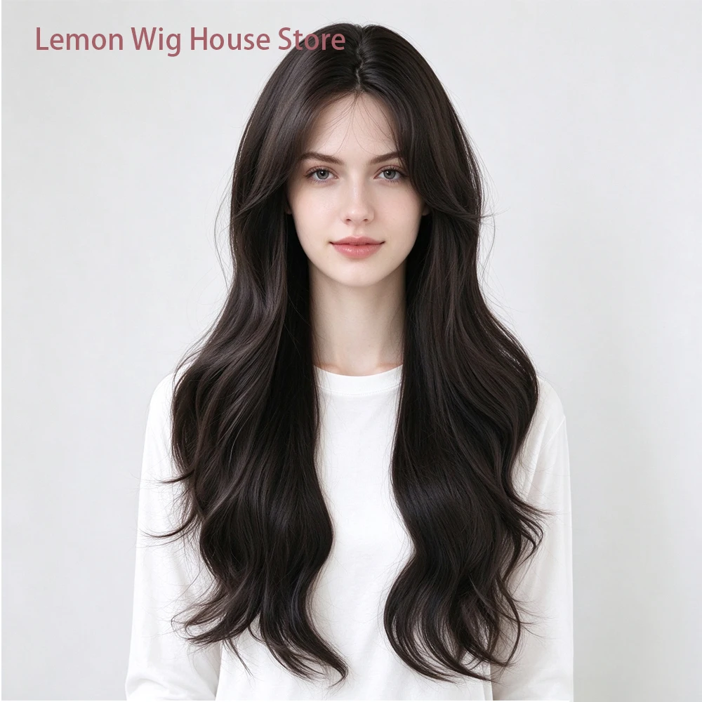 Dark Brown Small Lace Wig Long Wavy Synthetic Natural Wigs High Density Layered Wig for Women Dailly Cosplay Wig Heat Resistant
