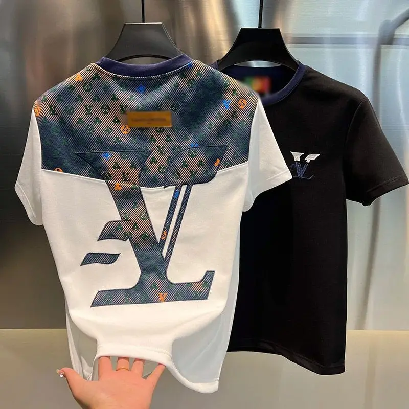 2025 new trendy ruffian handsome men's stickers embroidered letters light luxury fashion leisure personalized short sleeves